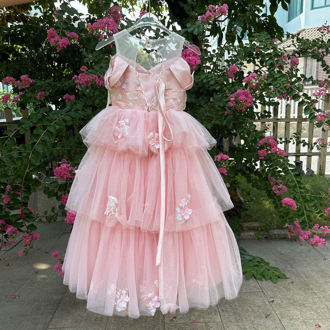 Off-Shoulder Applique Tiered Tulle Flower Girl Dress D322