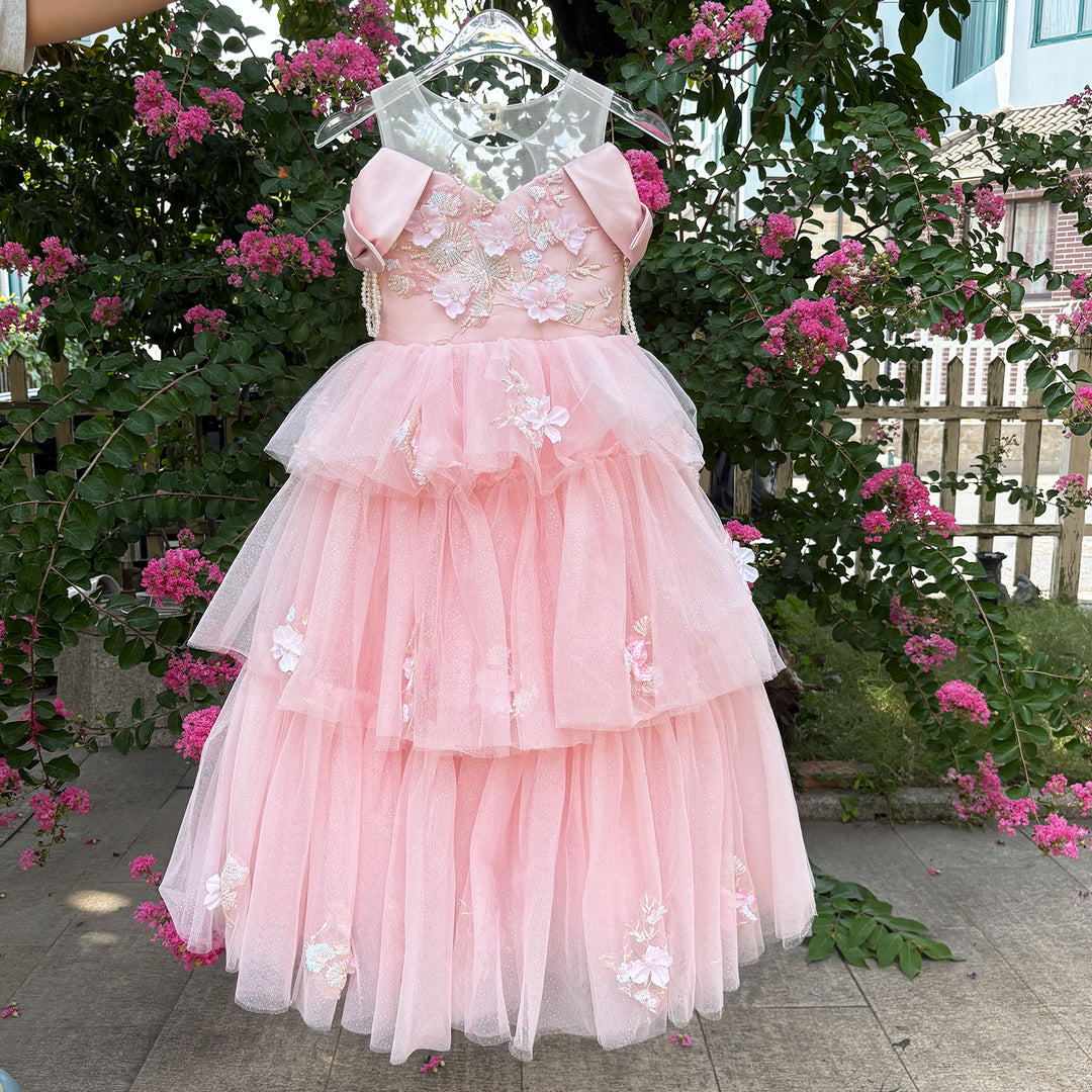 Off-Shoulder Applique Tiered Tulle Flower Girl Dress D322