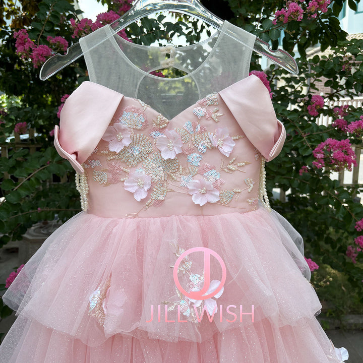 Off-Shoulder Applique Tiered Tulle Flower Girl Dress D322