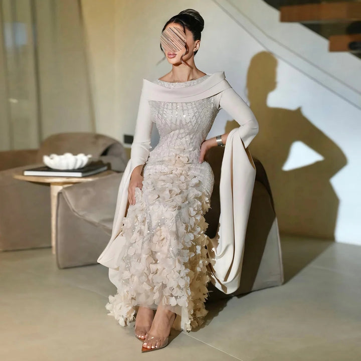 Romantic 3D Floral Evening Dress with Cape Sleeves SS272
