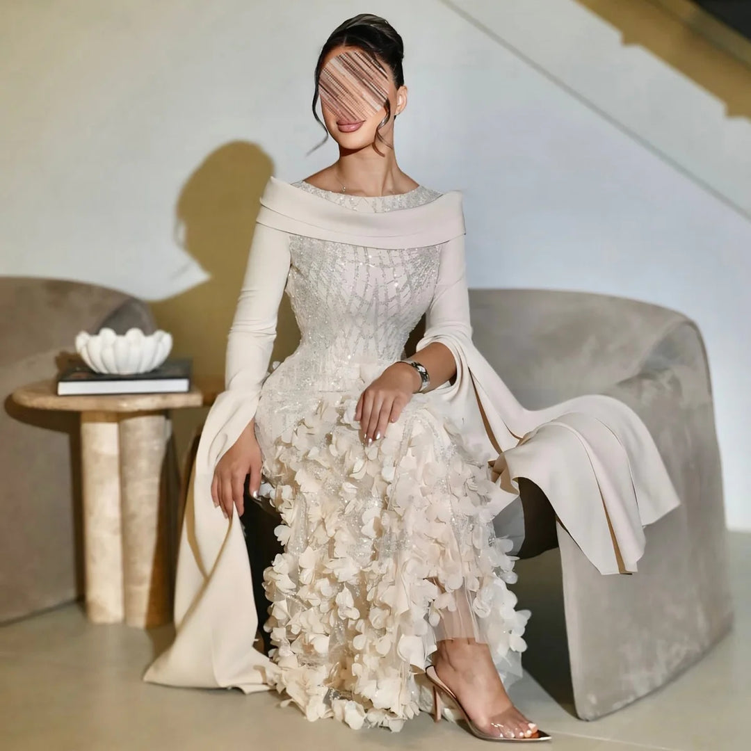 Romantic 3D Floral Evening Dress with Cape Sleeves SS272