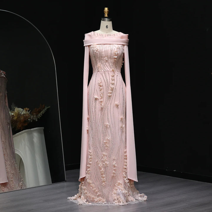 Romantic 3D Floral Evening Dress with Cape Sleeves SS272