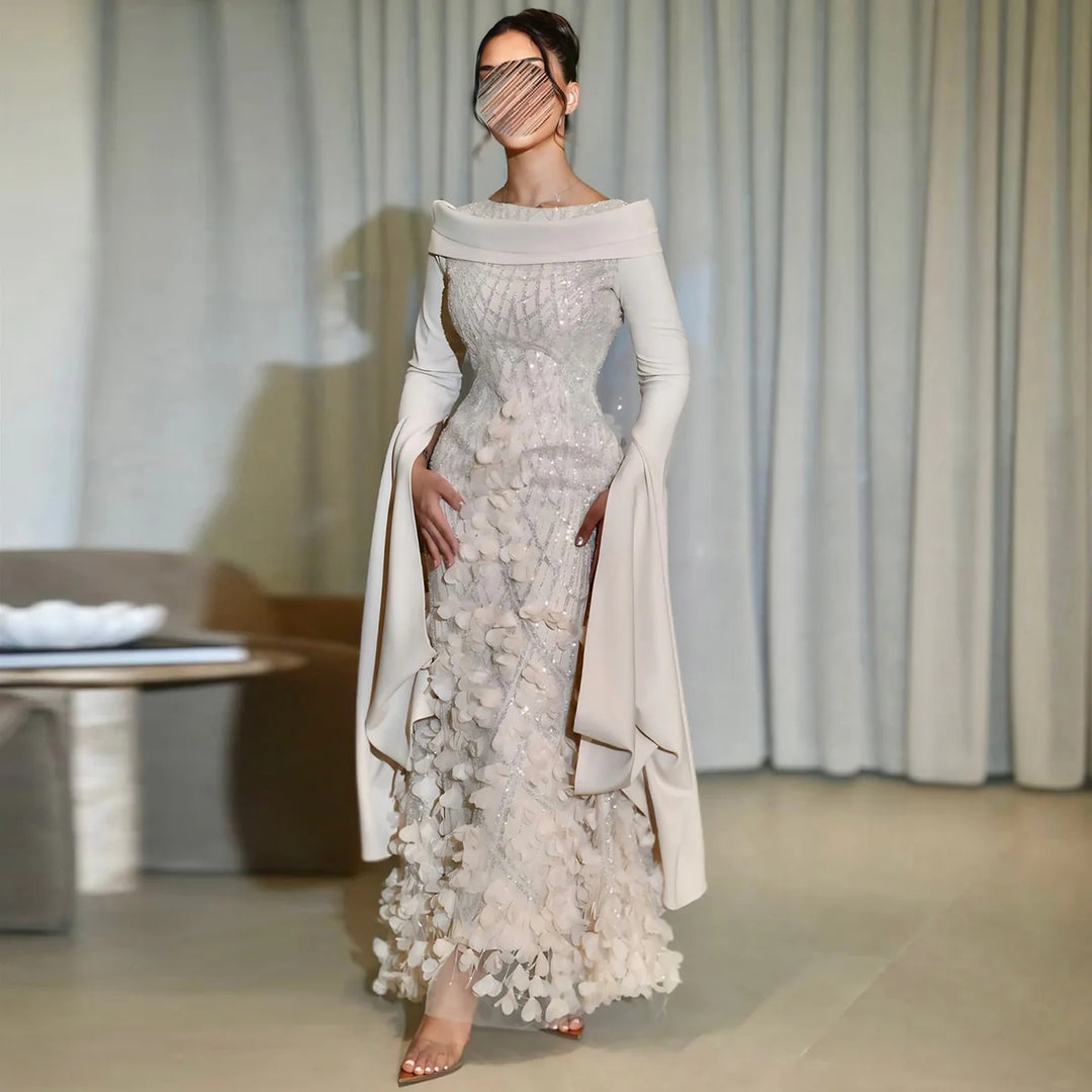 Romantic 3D Floral Evening Dress with Cape Sleeves SS272