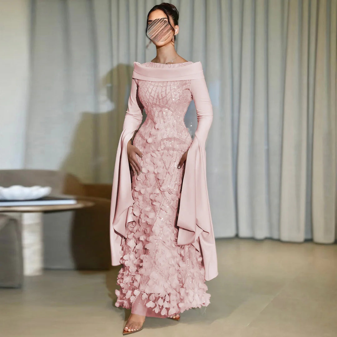 Romantic 3D Floral Evening Dress with Cape Sleeves SS272 Romantic 3D Floral Evening Dress with Cape Sleeves SS272