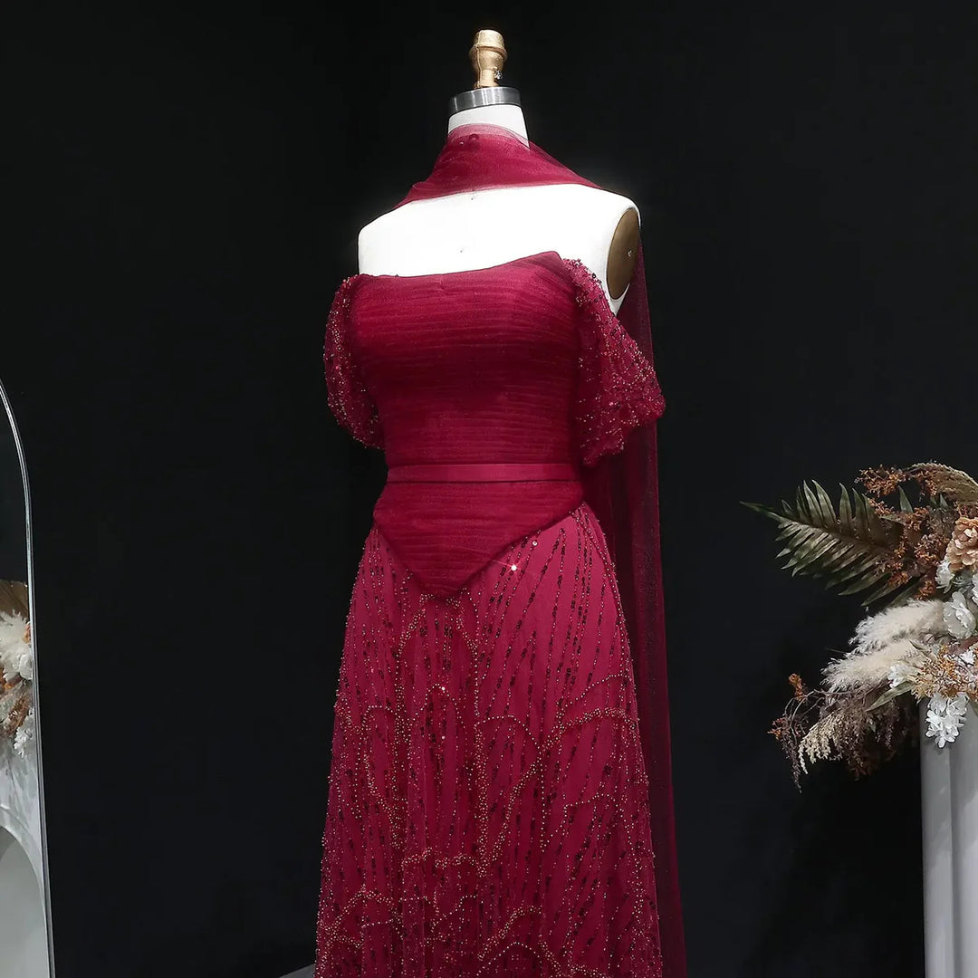 Romantic Beaded Pink Off Shoulder Evening Dress with Scarf SS766-DreamyVow