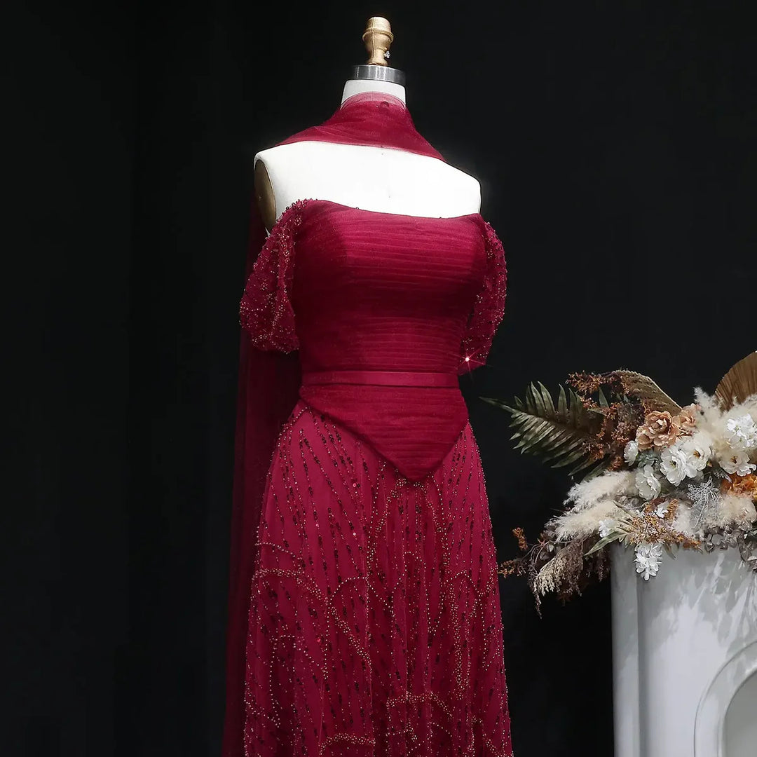 Romantic Beaded Pink Off Shoulder Evening Dress with Scarf SS766 Wine Red / 2 Romantic Beaded Pink Off Shoulder Evening Dress with Scarf SS766 Wine Red / 2