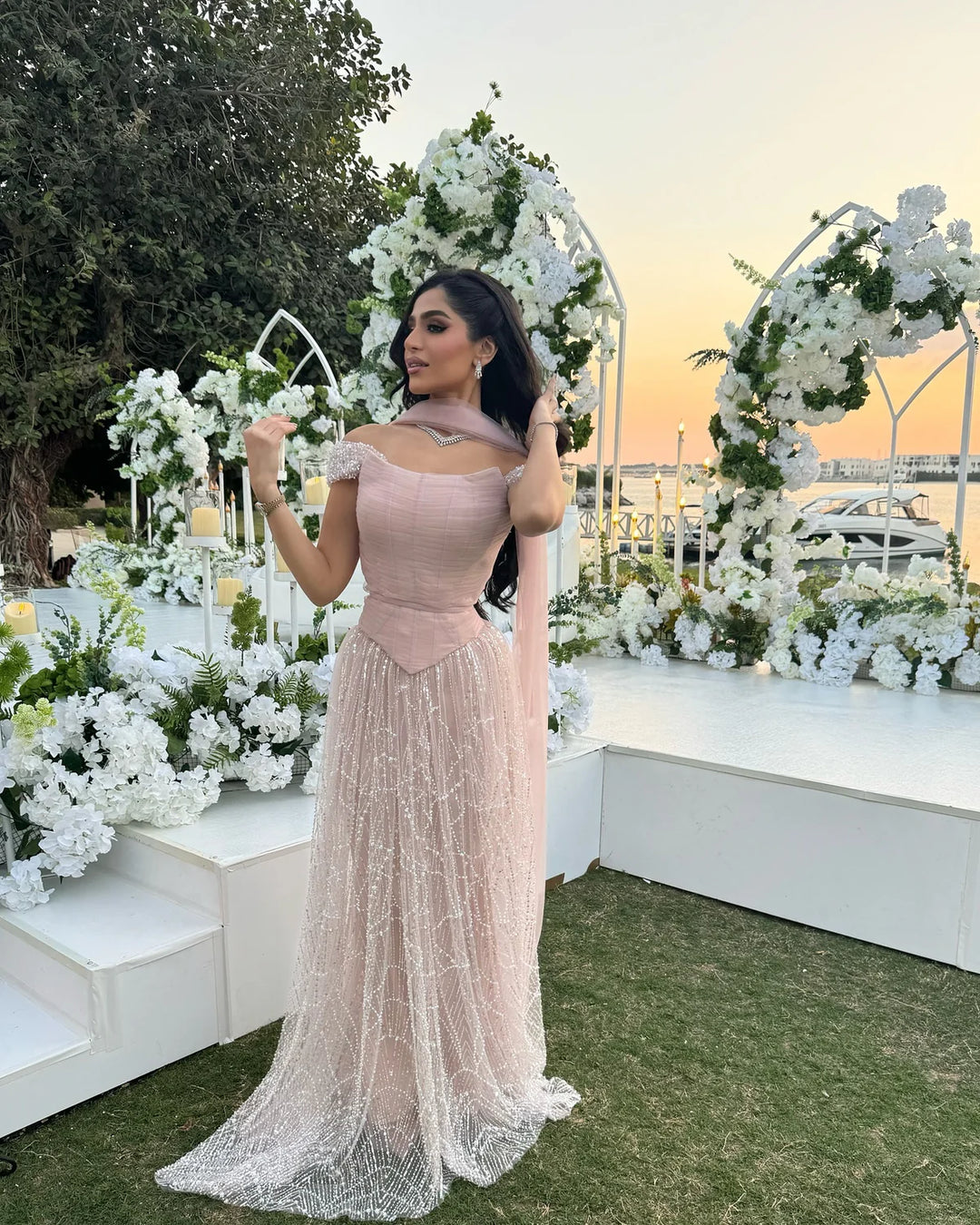 Romantic Beaded Pink Off Shoulder Evening Dress with Scarf SS766 DreamyVow Romantic Beaded Pink Off Shoulder Evening Dress with Scarf SS766 DreamyVow