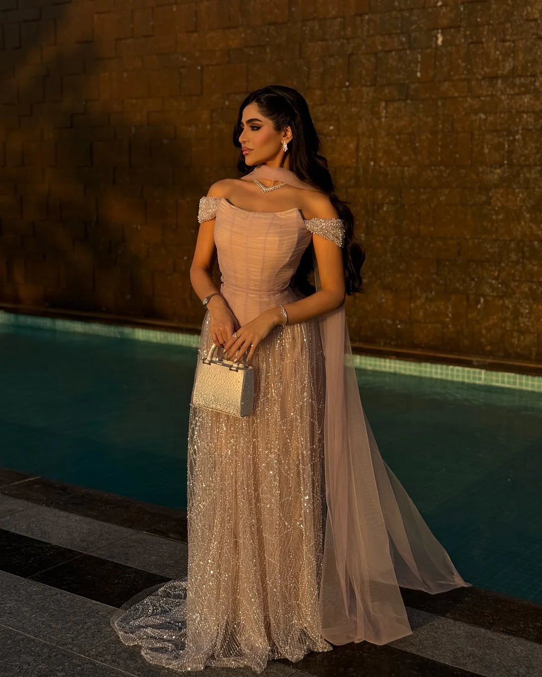 Romantic Beaded Pink Off Shoulder Evening Dress with Scarf SS766 Romantic Beaded Pink Off Shoulder Evening Dress with Scarf SS766