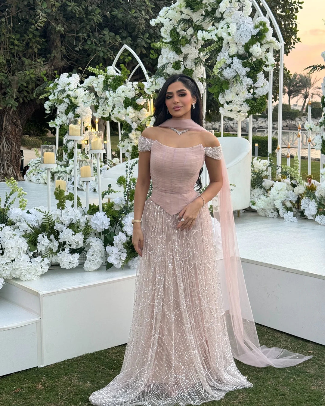 Romantic Beaded Pink Off Shoulder Evening Dress with Scarf SS766