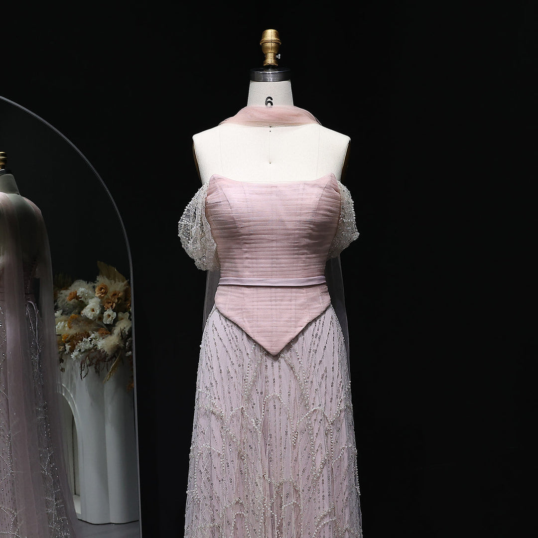Romantic Beaded Pink Off Shoulder Evening Dress with Scarf SS766