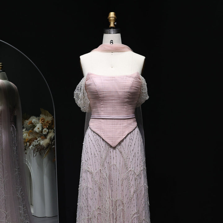Romantic Beaded Pink Off Shoulder Evening Dress with Scarf SS766