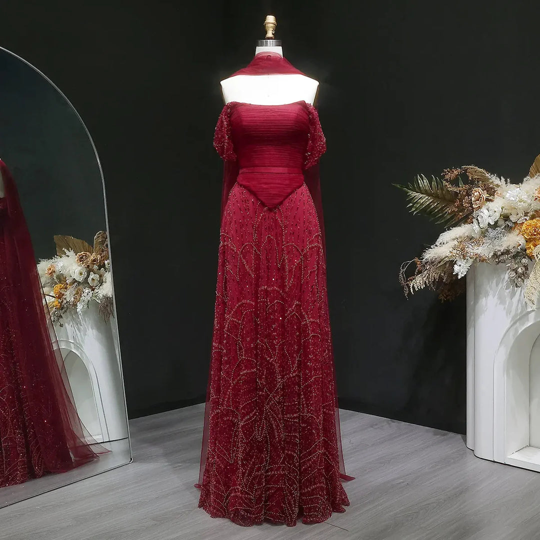Romantic Beaded Pink Off Shoulder Evening Dress with Scarf SS766 Wine Red / 2 Romantic Beaded Pink Off Shoulder Evening Dress with Scarf SS766 Wine Red / 2