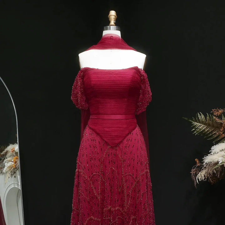 Romantic Beaded Pink Off Shoulder Evening Dress with Scarf SS766-DreamyVow
