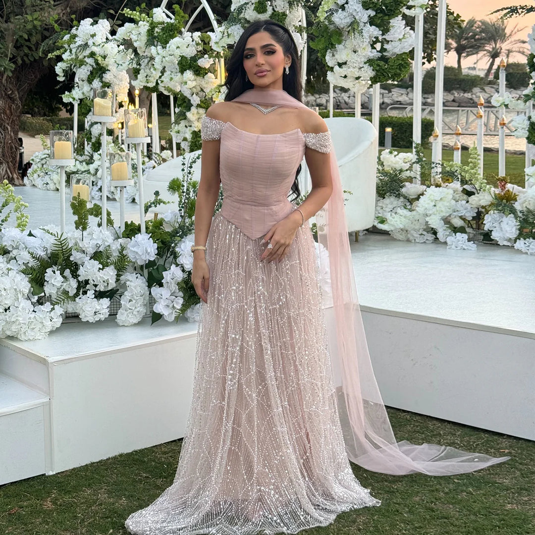 Romantic Beaded Pink Off Shoulder Evening Dress with Scarf SS766 Wine Red / 2 Romantic Beaded Pink Off Shoulder Evening Dress with Scarf SS766 Wine Red / 2