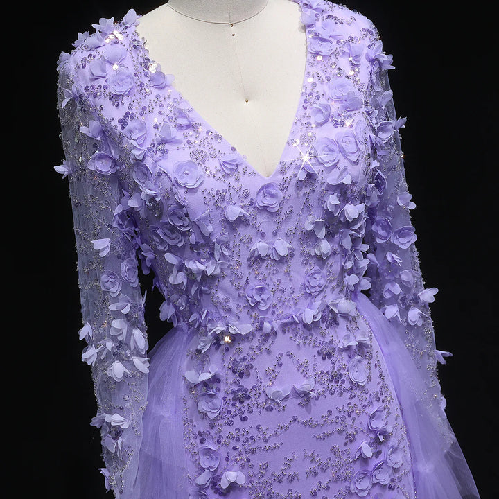 Romantic Lilac 3D Floral Lace with Overskirt Evening Dress SS637-DreamyVow