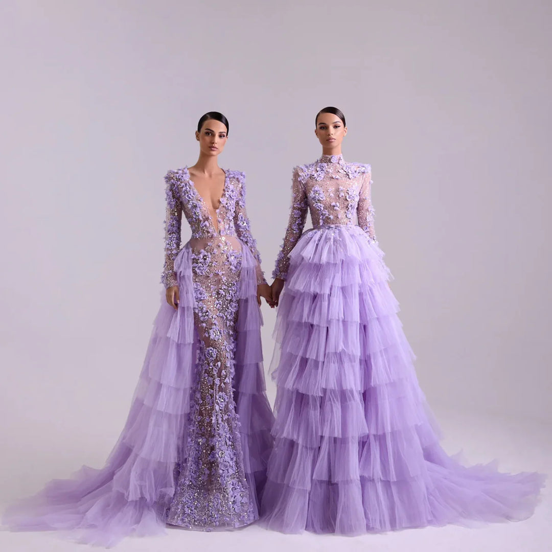 Romantic Lilac 3D Floral Lace with Overskirt Evening Dress SS637-DreamyVow