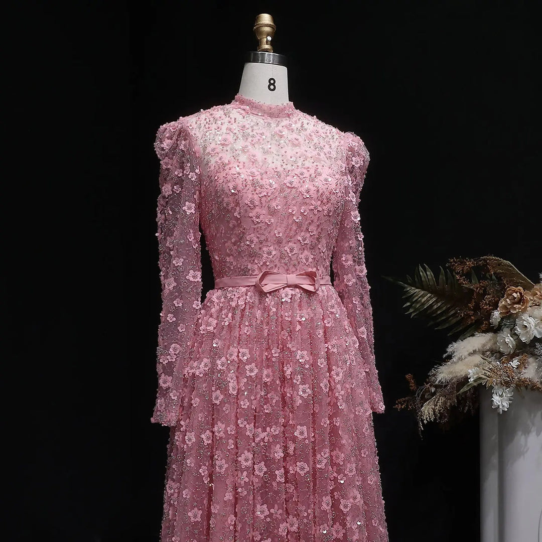 Romantic Pink 3D Floral Ruffled Evening Dress SS700-DreamyVow