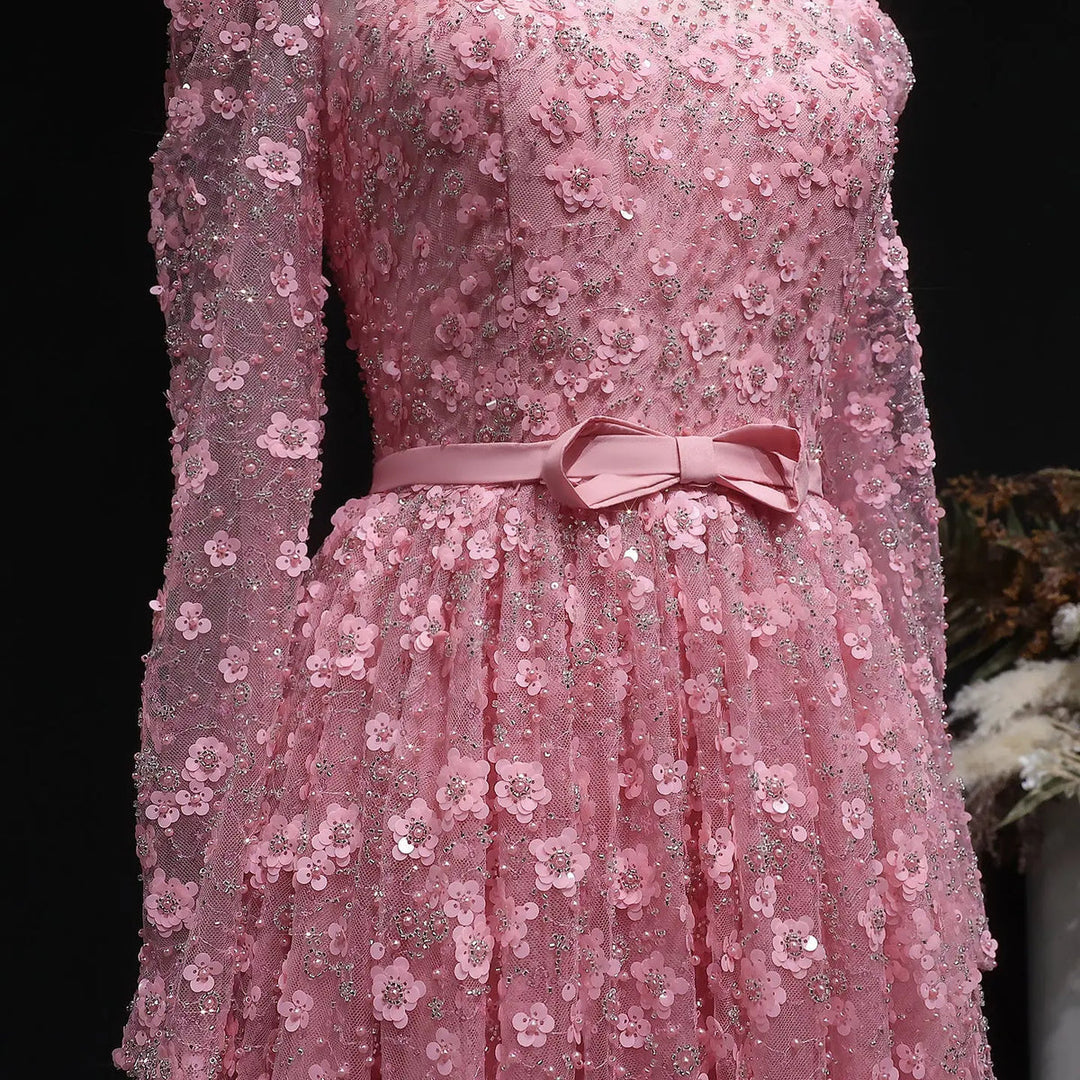 Romantic Pink 3D Floral Ruffled Evening Dress SS700-DreamyVow
