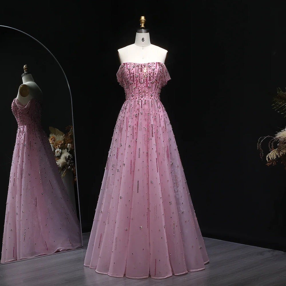 Romantic Pink Off Shoulder with Beaded Details Evening Dress SS226-DreamyVow