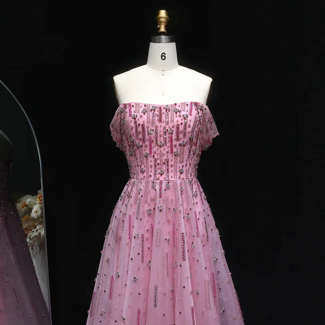 Romantic Pink Off Shoulder with Beaded Details Evening Dress SS226-DreamyVow