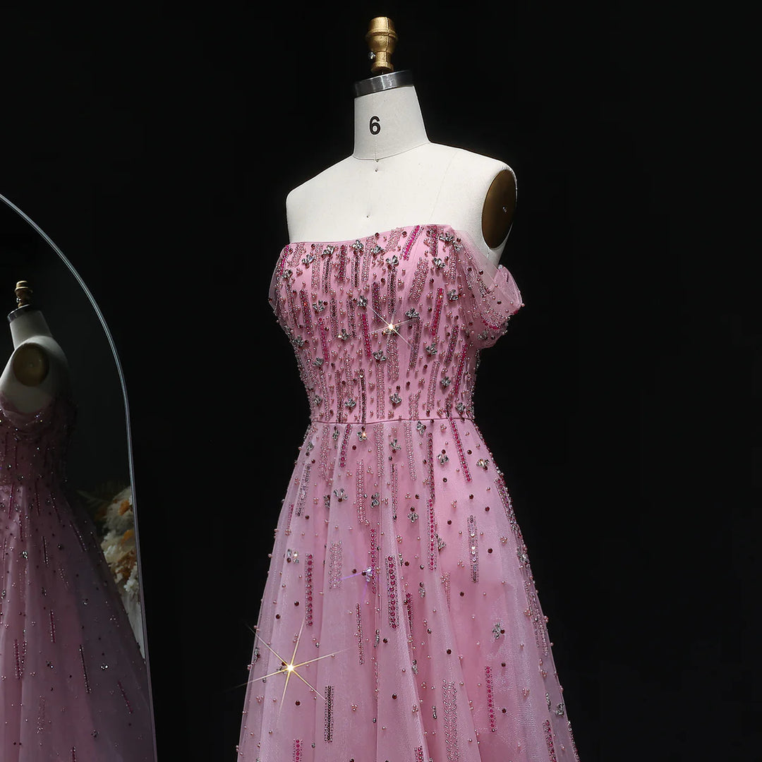 Romantic Pink Off Shoulder with Beaded Details Evening Dress SS226-DreamyVow