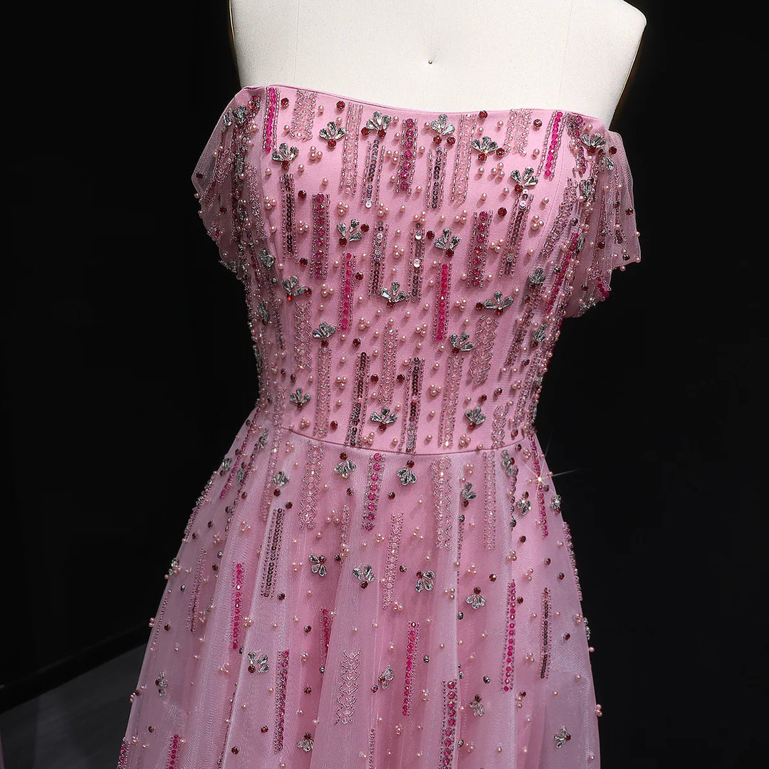 Romantic Pink Off Shoulder with Beaded Details Evening Dress SS226-DreamyVow