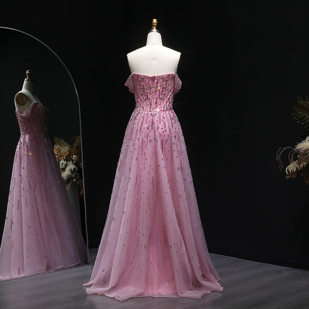 Romantic Pink Off Shoulder with Beaded Details Evening Dress SS226-DreamyVow