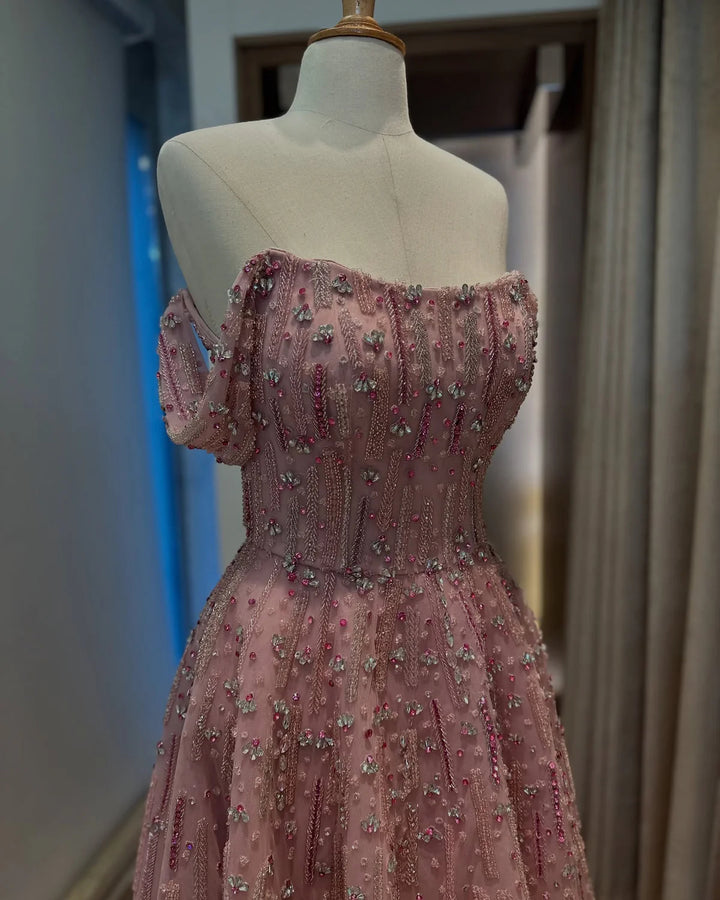 Romantic Pink Off Shoulder with Beaded Details Evening Dress SS226-DreamyVow