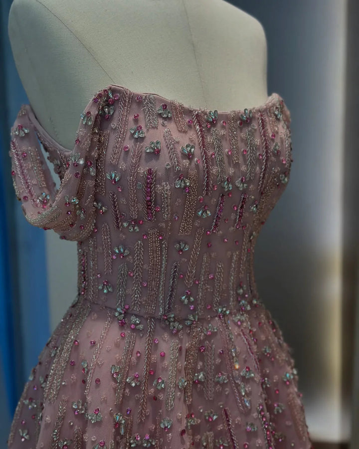 Romantic Pink Off Shoulder with Beaded Details Evening Dress SS226-DreamyVow