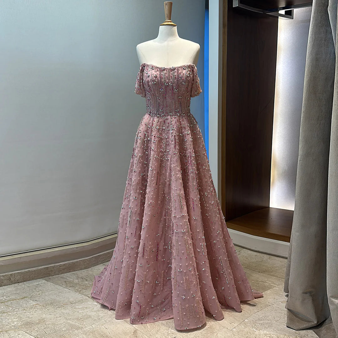 Romantic Pink Off Shoulder with Beaded Details Evening Dress SS226 Pink / 14