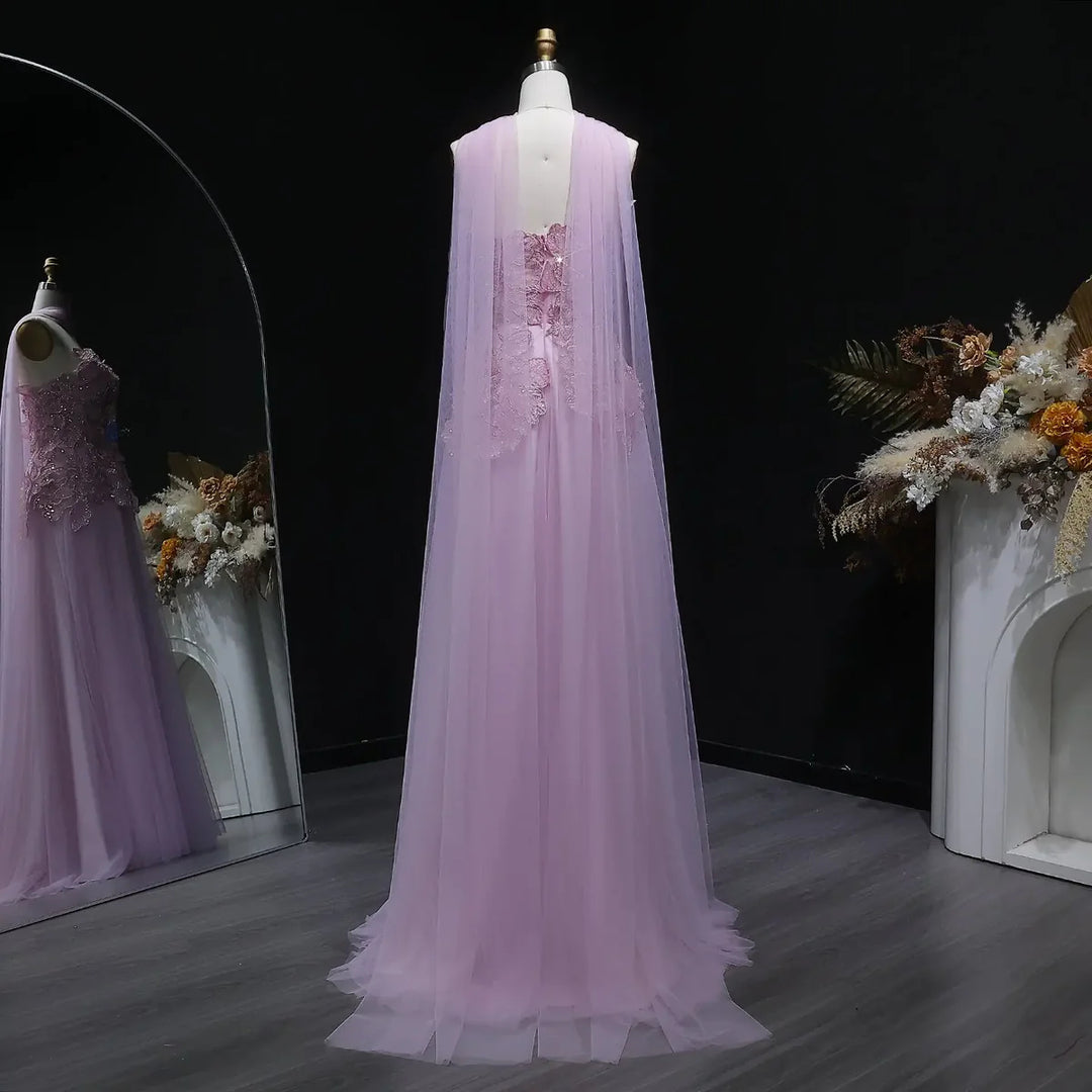 Romantic Pink Strapless Evening Dress with 3D Floral Bodice and Scarf SS239-DreamyVow