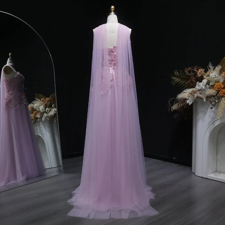 Romantic Pink Strapless Evening Dress with 3D Floral Bodice and Scarf SS239-DreamyVow