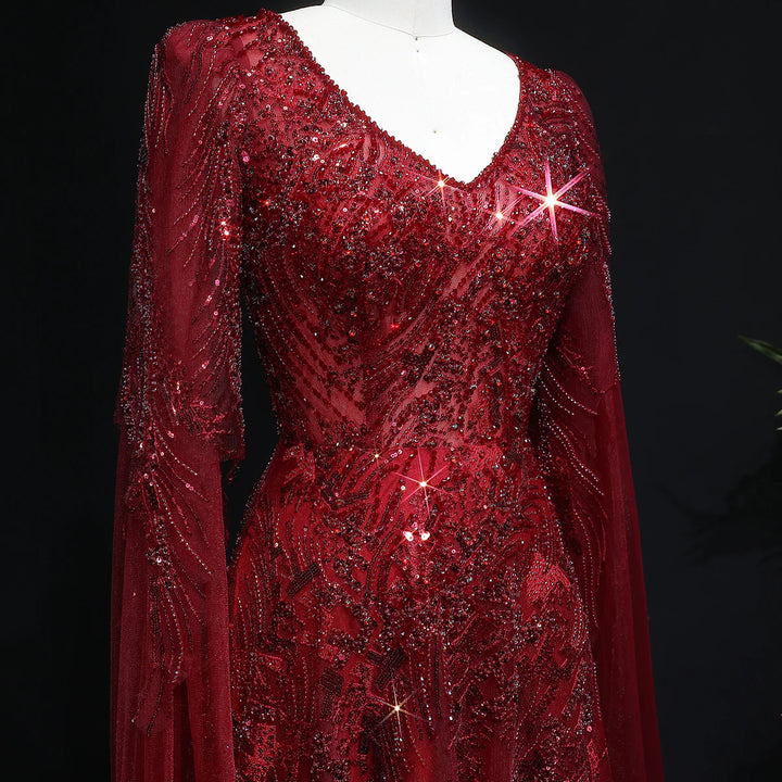 Romantic Wine Red Evening Dress with Crystal Beading Cape Sleeves SS093