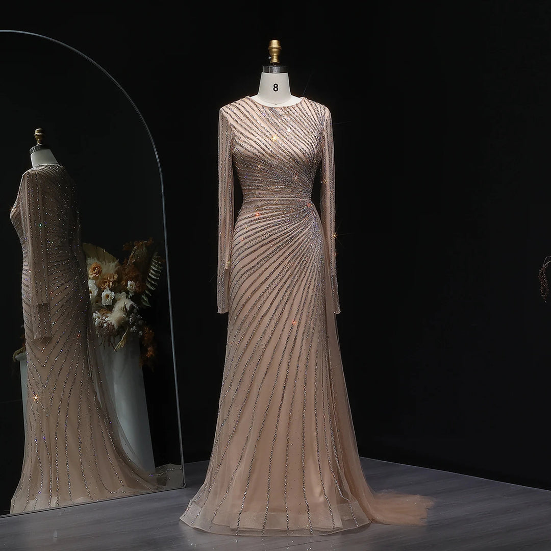 Luxury Gray Blue Long Sleeve Evening Dress with Swirl Beading SS113