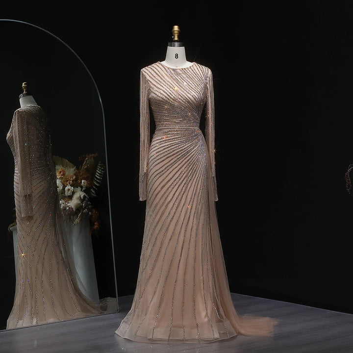 Luxury Gray Blue Long Sleeve Evening Dress with Swirl Beading SS113