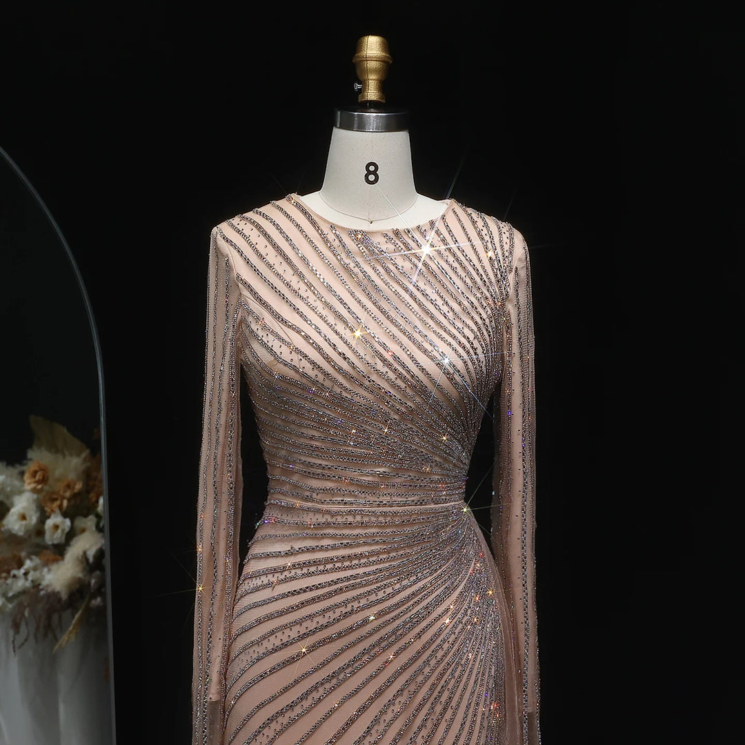 Luxury Gray Blue Long Sleeve Evening Dress with Swirl Beading SS113