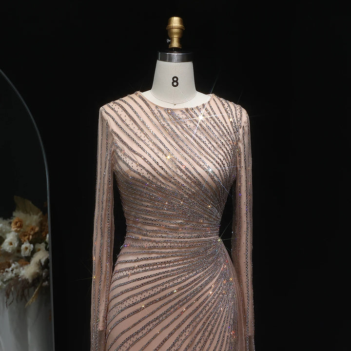 Luxury Gray Blue Long Sleeve Evening Dress with Swirl Beading SS113