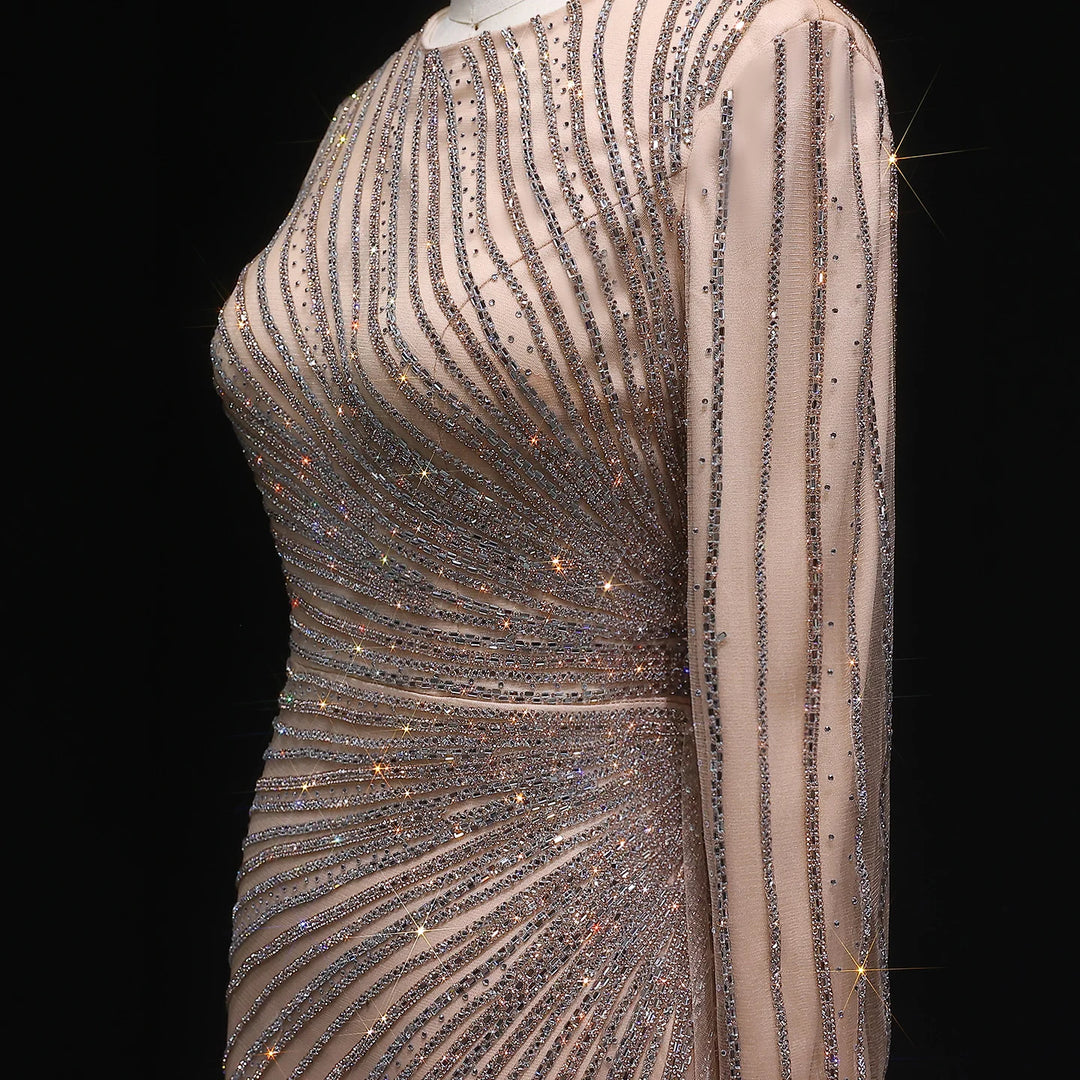 Luxury Gray Blue Long Sleeve Evening Dress with Swirl Beading SS113