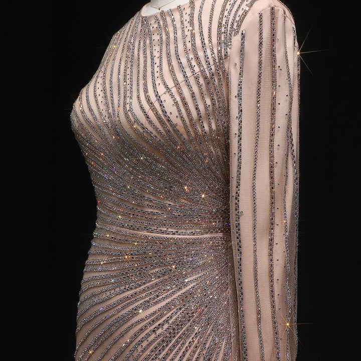 Luxury Gray Blue Long Sleeve Evening Dress with Swirl Beading SS113