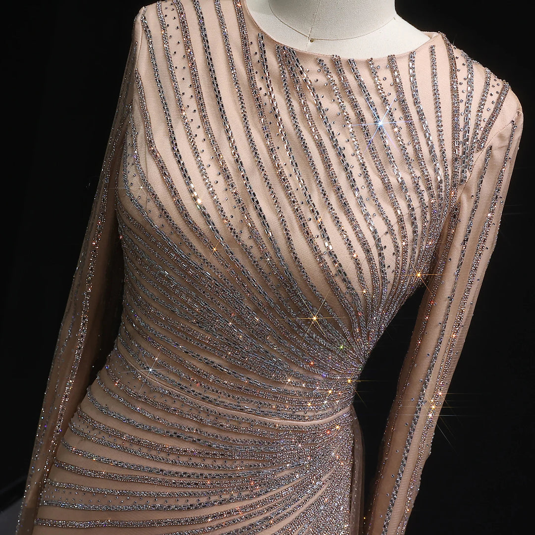 Luxury Gray Blue Long Sleeve Evening Dress with Swirl Beading SS113