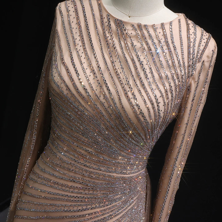 Luxury Gray Blue Long Sleeve Evening Dress with Swirl Beading SS113