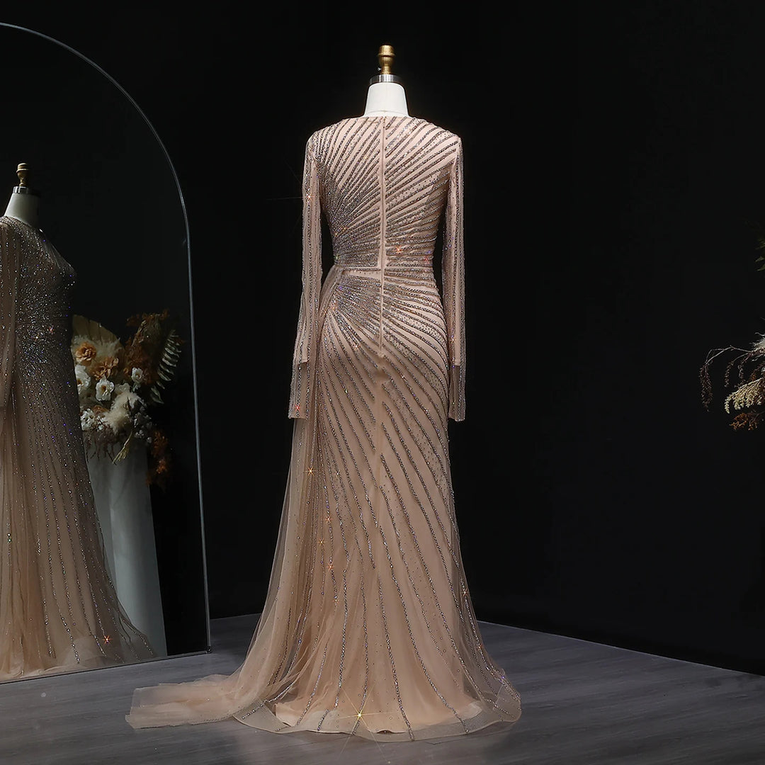 Luxury Gray Blue Long Sleeve Evening Dress with Swirl Beading SS113