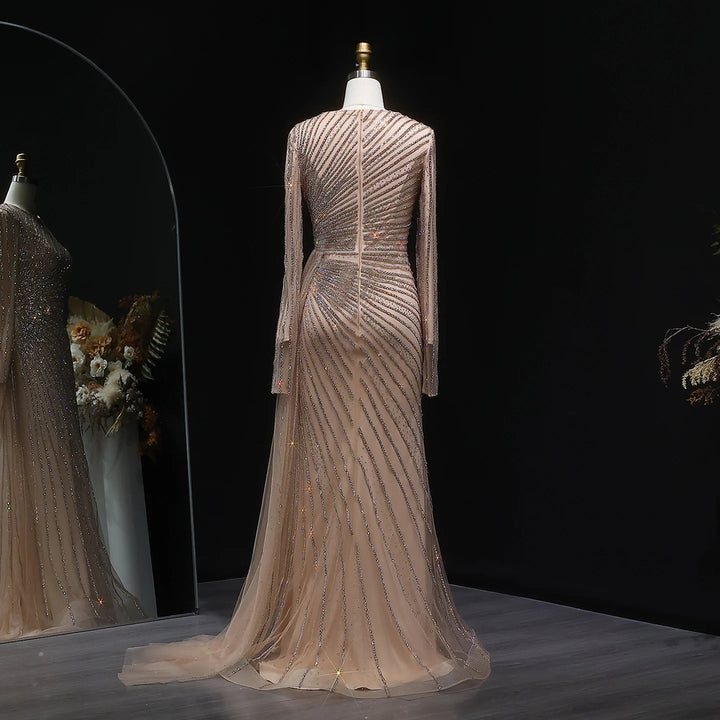 Luxury Gray Blue Long Sleeve Evening Dress with Swirl Beading SS113