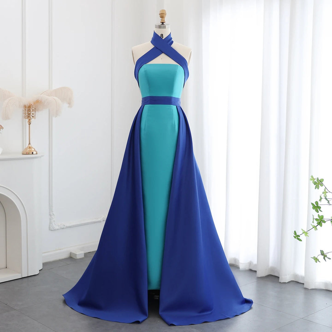 Royal Blue Contrast Turquoise Evening Dress with Overskirt SF012, Blue / 10 Royal Blue Contrast Turquoise Evening Dress with Overskirt SF012, Blue / 10