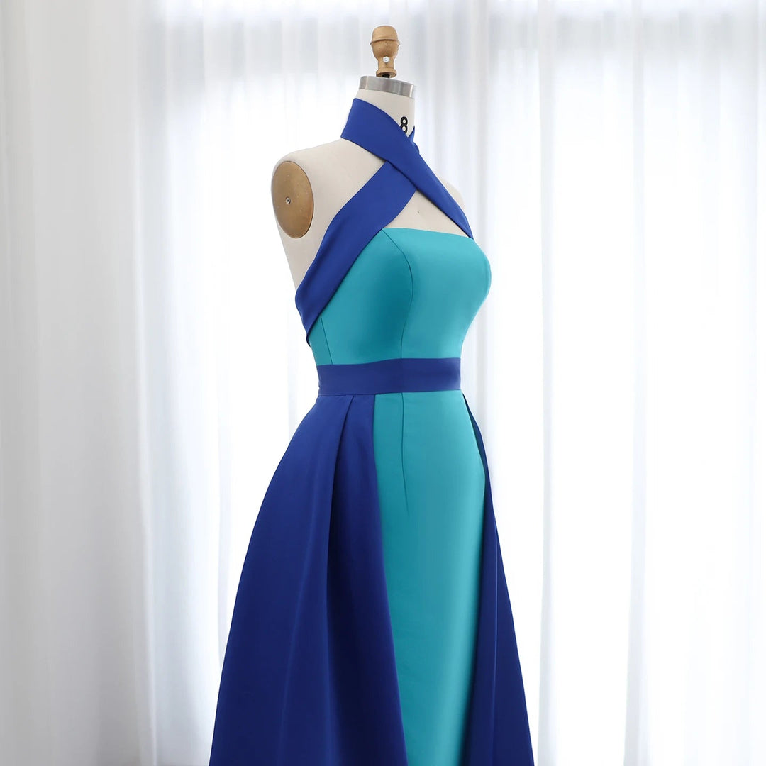 Royal Blue Contrast Turquoise Evening Dress with Overskirt SF012, Blue / 10 Royal Blue Contrast Turquoise Evening Dress with Overskirt SF012, Blue / 10