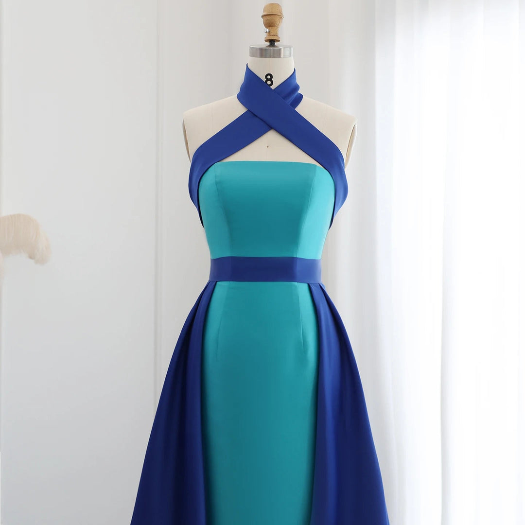 Royal Blue Contrast Turquoise Evening Dress with Overskirt SF012, Blue / 10 Royal Blue Contrast Turquoise Evening Dress with Overskirt SF012, Blue / 10