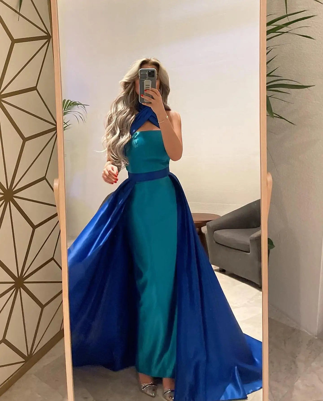 Royal Blue Contrast Turquoise Evening Dress with Overskirt SF012 Royal Blue Contrast Turquoise Evening Dress with Overskirt SF012