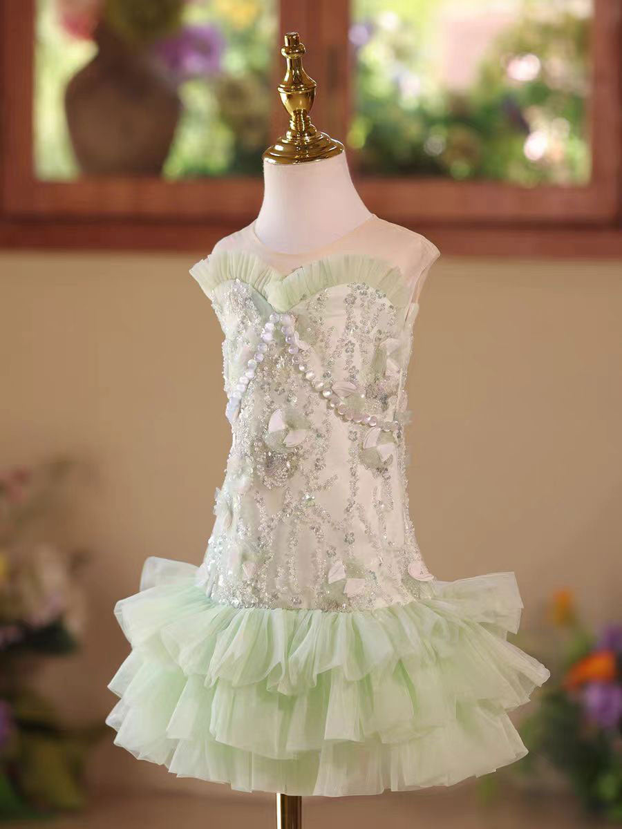 Sage Green Flower Girl Dress with Pearl Sequin Kids Princess Party Dress D248