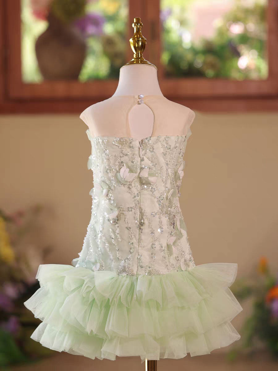 Sage Green Flower Girl Dress with Pearl Sequin Kids Princess Party Dress D248