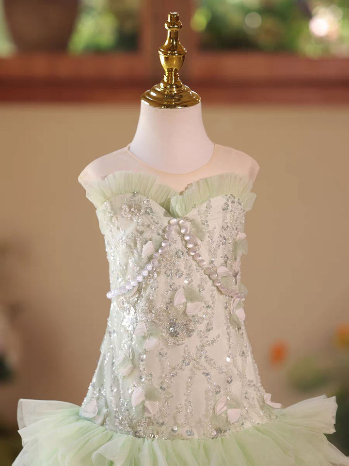 Sage Green Flower Girl Dress with Pearl Sequin Kids Princess Party Dress D248